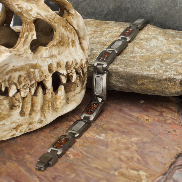 Gun Metal IP Steel Matte Finish Meteorite & Black Dinosaur Bone Inlay Link Bracelet