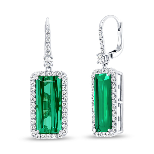 Uneek Precious Collection Halo Emerald Cut Green Tourmaline Dangle Earrings