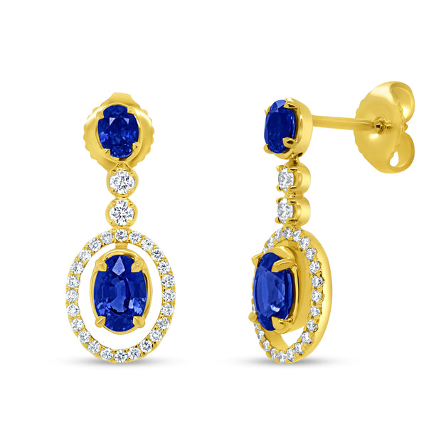 Uneek Precious Collection Halo Oval Shaped Blue Sapphire Drop Earrings