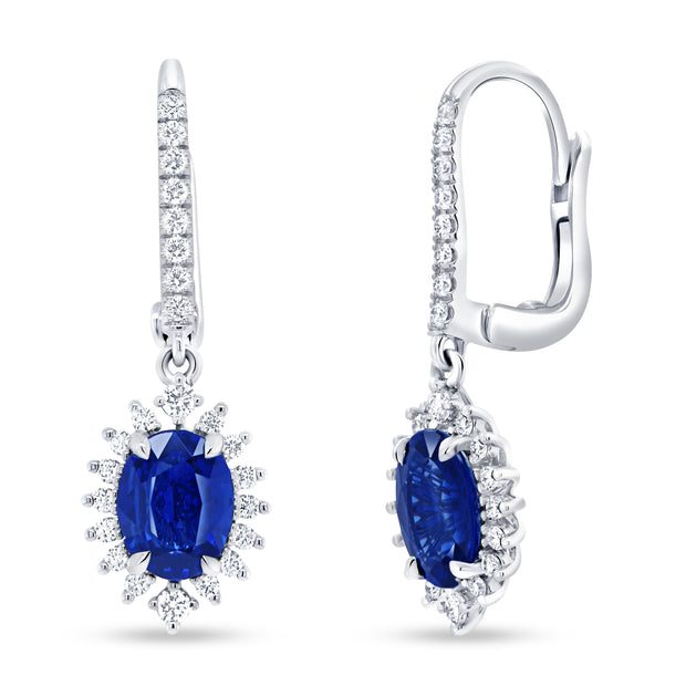 Uneek Precious Collection Halo Oval Shaped Blue Sapphire Dangle Earrings