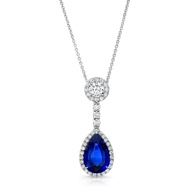 Uneek Pear-Shaped Blue Sapphire Pendant with Round Diamond Accent