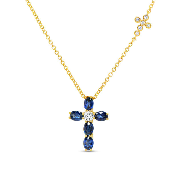 Uneek Precious Collection Cross Round Blue Sapphire Religious Pendant
