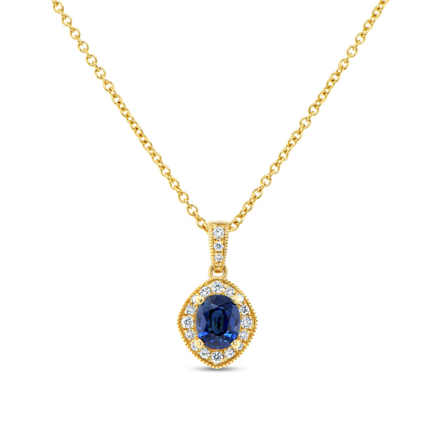 Uneek Precious Collection Halo Oval Shaped Blue Sapphire Drop Pendant