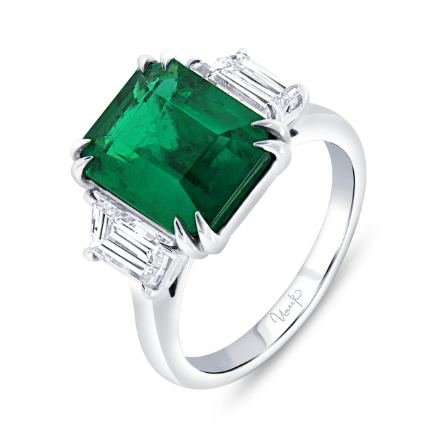 Uneek Precious Collection Three-Stone Octagon  Shaped Emerald Engagement Ring