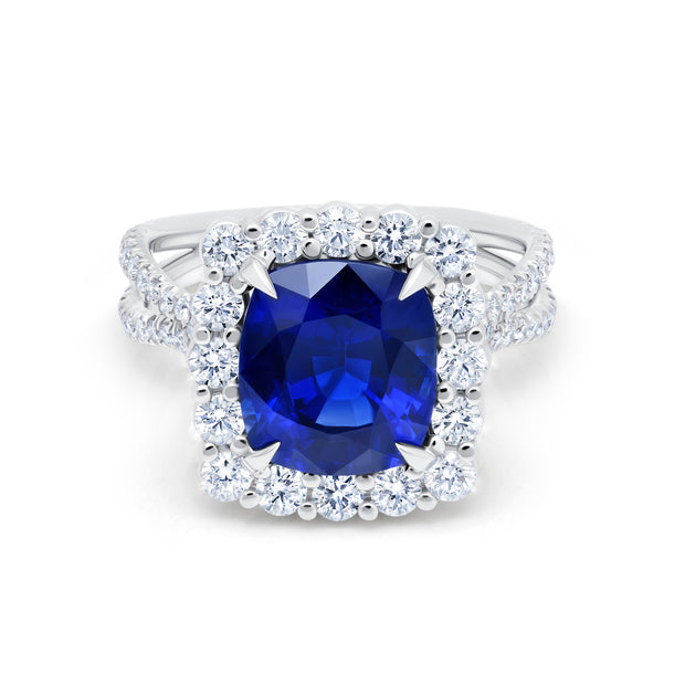 Uneek Cushion-Cut Sapphire Engagement Ring with Scalloped Diamond Halo and Silhouette Double Shank