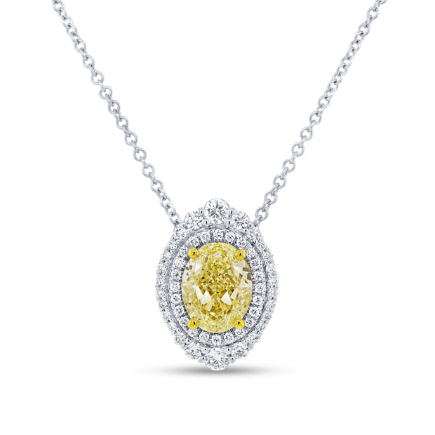 Uneek Natureal Collection Double-Halo Oval Shaped Fancy Light Yellow Diamond Brooch Necklace