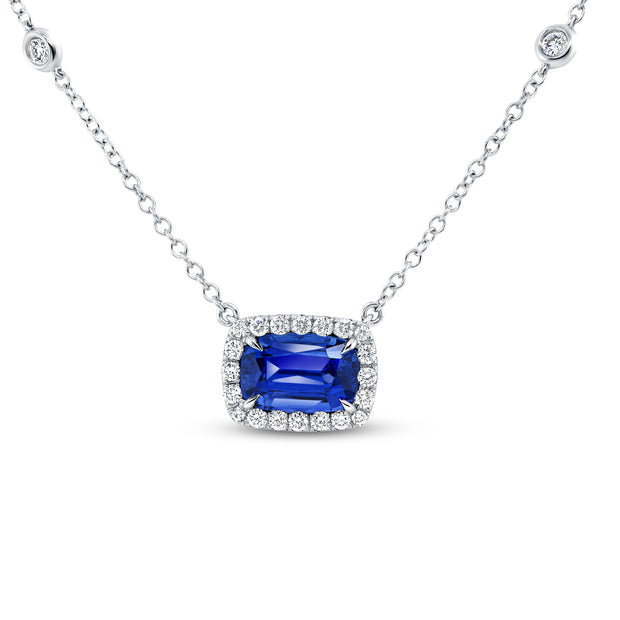 Uneek Precious Collection Halo Cushion Cut Blue Sapphire Drop Pendant