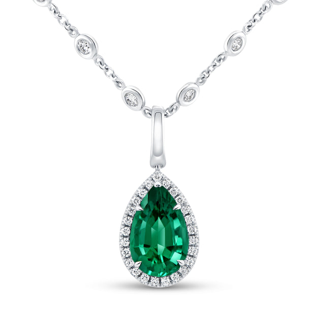 Uneek Precious Collection Halo Pear Shaped Emerald Drop Pendant