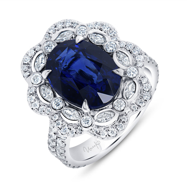 Uneek Precious Collection Double-Halo Oval Shaped Blue Sapphire Engagement Ring