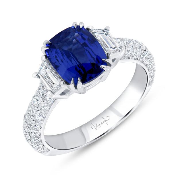 Uneek Precious Collection 3-Sided Cushion Cut Blue Sapphire Engagement Ring