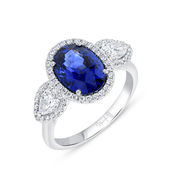 Uneek Precious Collection 3-Stone-Halo Oval Shaped Blue Sapphire Engagement Ring