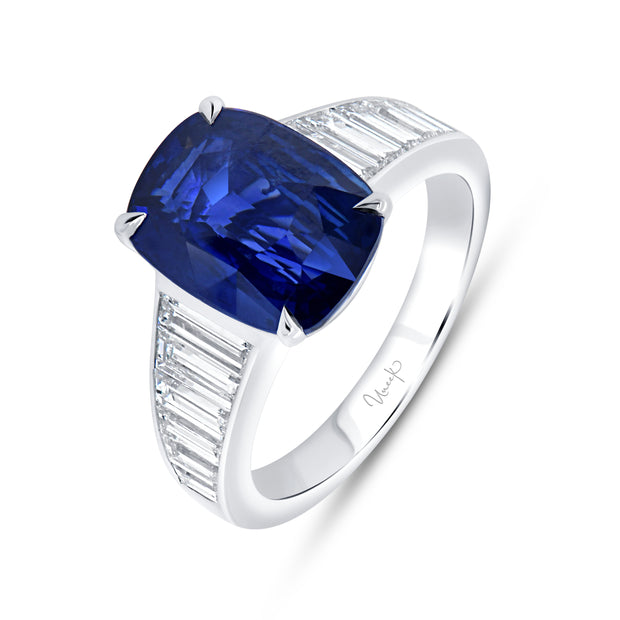 Uneek Precious Collection Tapered Cushion Cut Blue Sapphire Engagement Ring