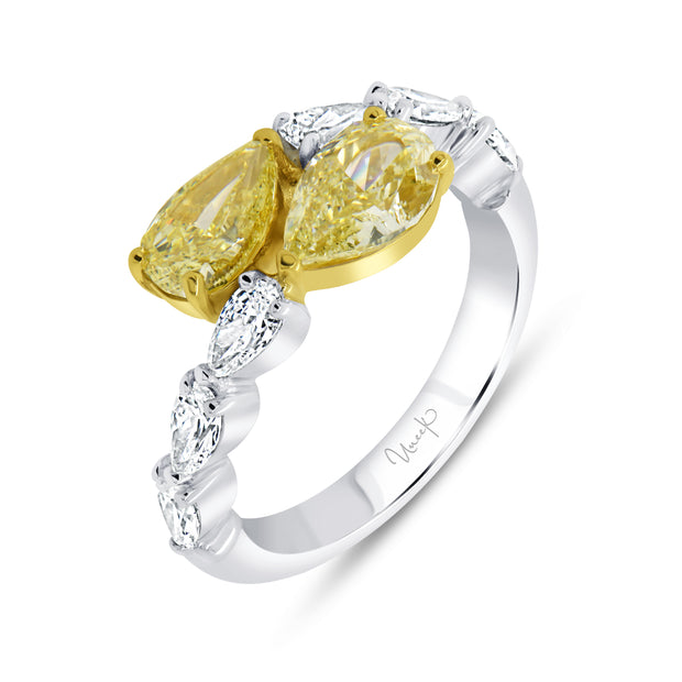 Uneek Natureal Collection Bypass Pear Shaped Fancy Yellow Diamond Anniversary Ring