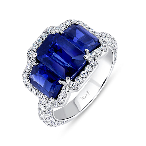 Uneek Precious Collection 3-Stone-Halo Emerald Cut Blue Sapphire Engagement Ring