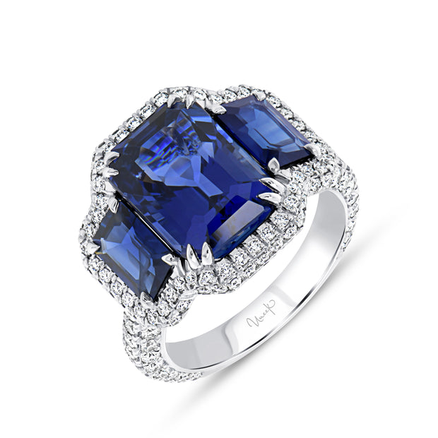Uneek Precious Collection 3-Stone-Halo Emerald Cut Blue Sapphire Engagement Ring