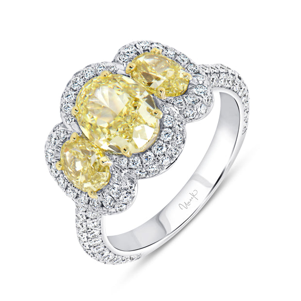 Uneek Signature Collection 3-Stone-Halo Oval Shaped Fancy Light Yellow Diamond Engagement Ring