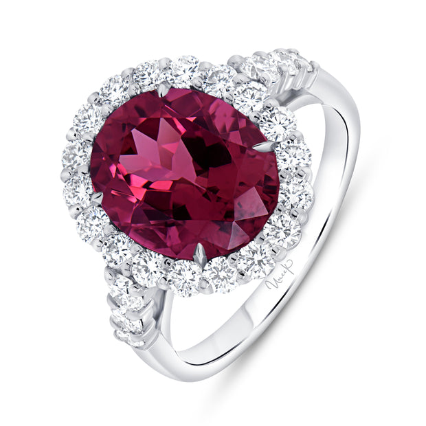 Uneek Precious Collection Halo Oval Shaped Pink Tourmaline Engagement Ring