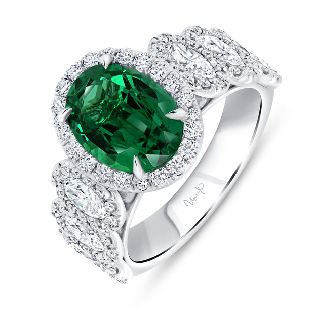 Uneek Precious Collection Halo Oval Shaped Emerald Engagement Ring