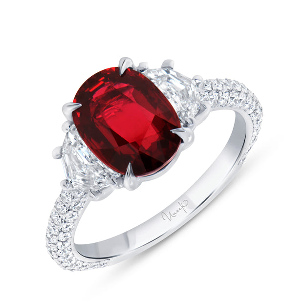 Uneek Precious Collection 3-Sided Oval Shaped Ruby Engagement Ring