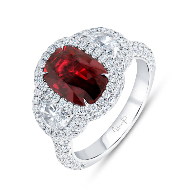 Uneek Precious Collection 3-Stone-Halo Cushion Cut Ruby Engagement Ring