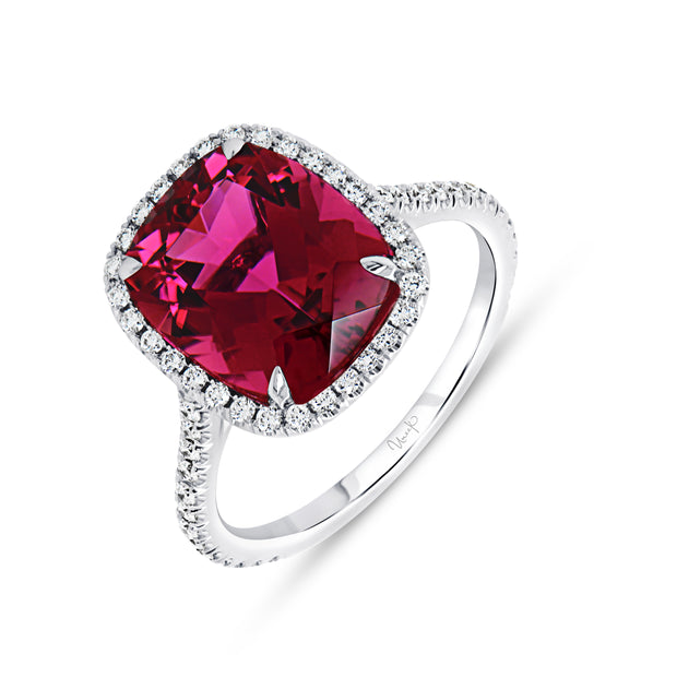 Uneek Precious Collection Halo Cushion Cut Rubellite Engagement Ring