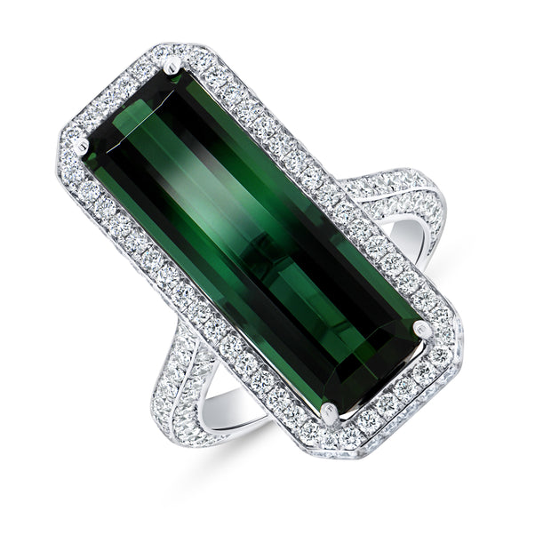 Uneek Precious Collection Halo Emerald Cut Green Tourmaline Engagement Ring