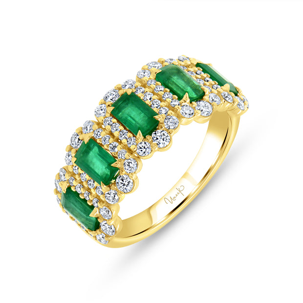 Uneek Petals Collection 5-Stone-Halo Emerald Cut Green Diamond Fashion Ring