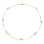 14k Yellow Gold Paper Clip Pearl Station Necklace 18"