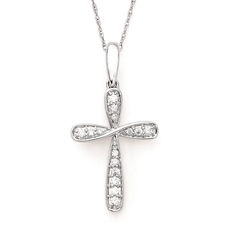 14k White Gold Diamond Twist Cross with 18" Chain