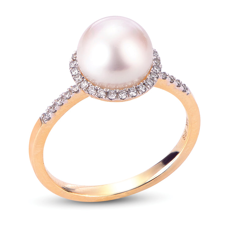 14k Yellow Gold 8mm Pearl 0.18ctw Diamond Halo Ring