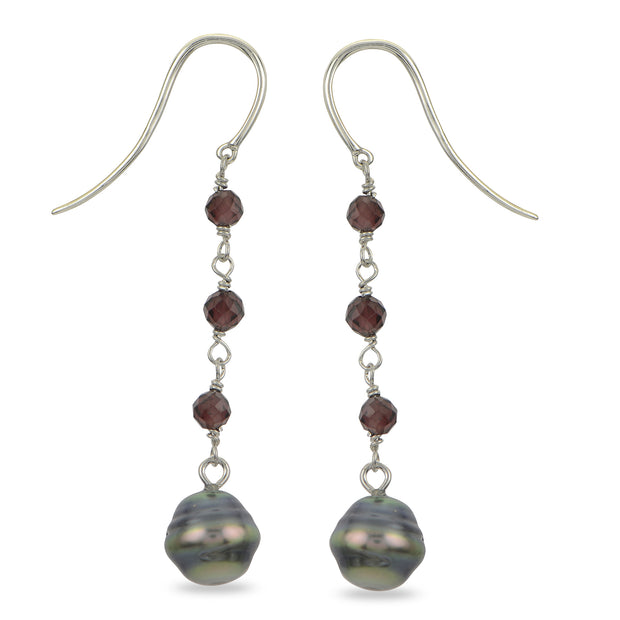 Sterling Silver Tahitian Pearl and Garnet Dangle Earrings