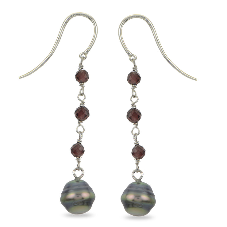 Sterling Silver Tahitian Pearl and Garnet Dangle Earrings