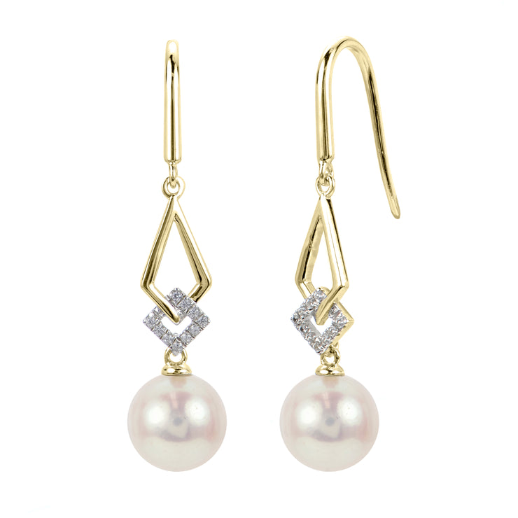14k Yellow Gold 7.5mm Pearl with 0.06ctw Diamond Drop Earrings