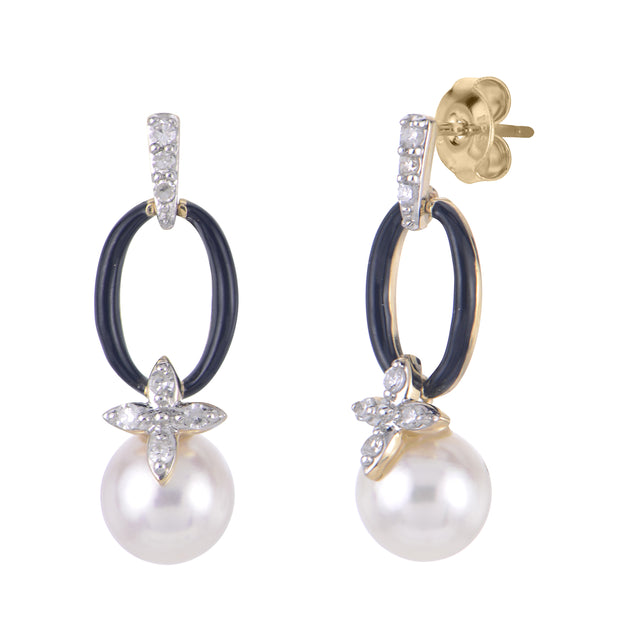 14k Yellow Gold Freshwater Pearl with Black Enamel Drop Earrings