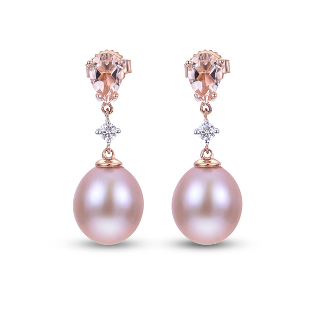 14k Rose Gold Freshwater Pearl and Morganite Drop Earrings