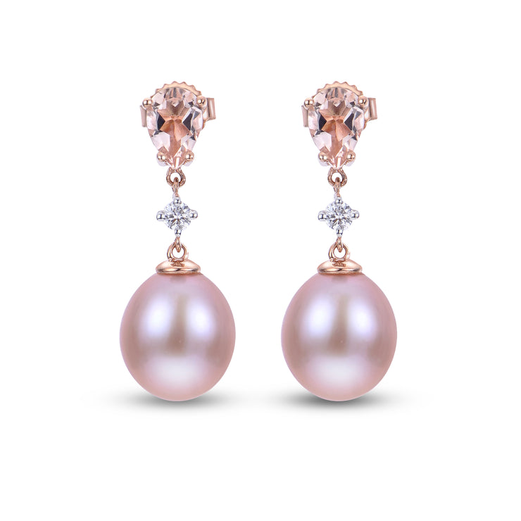 14k Rose Gold Freshwater Pearl and Morganite Drop Earrings
