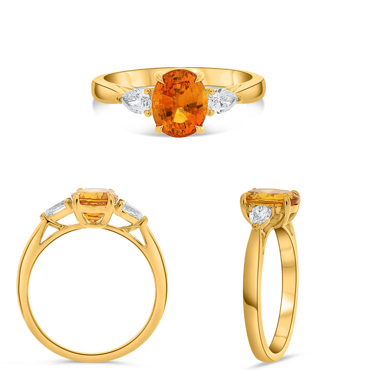 18k Yellow Gold 1.88ctw Orange Sapphire 3 Stone Ring