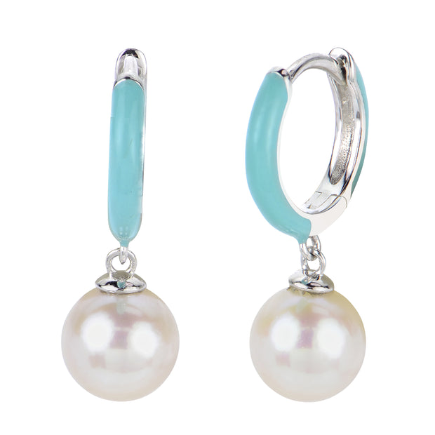 STERLING SILVER FRESHWATER PEARL HUGGIE EARRINGS WITH ENAMEL