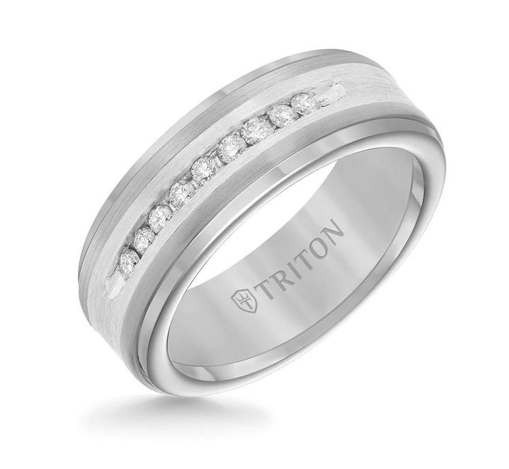 TRITON Mens White Tungsten Polished 0.27ctw Diamonds Wedding Band