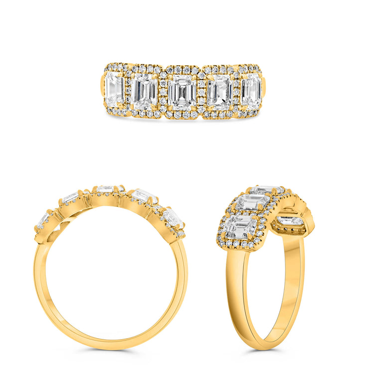 18k Yellow Gold 5 Stone Halo 1.55ctw Emerald Diamond Ring