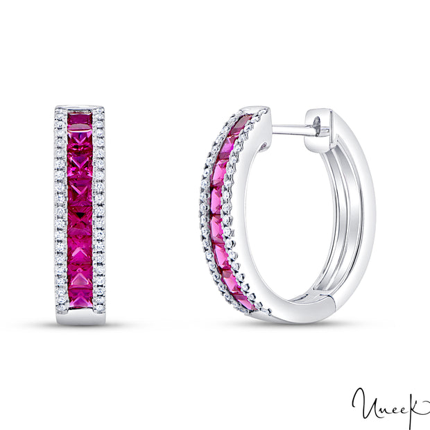 14k White Gold 1.17 Ruby Huggie Earrings