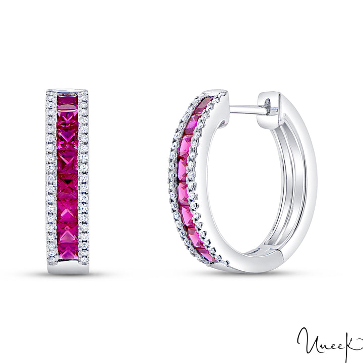 14k White Gold 1.17 Ruby Huggie Earrings