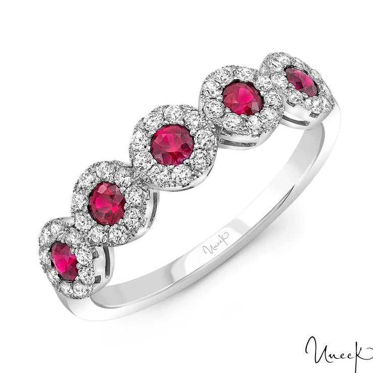 14k White Gold 0.40ctw Ruby 5 Stone Halo Ring