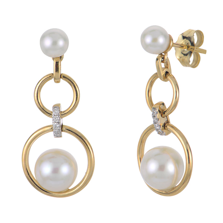 14K YELLOW GOLD FRESHWATER PEARL AND DIAMOND DANGLE EARRINGS