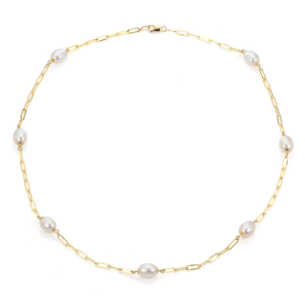 14k Yellow Gold 7mm Freshwater Cultured Pearl Station Necklace