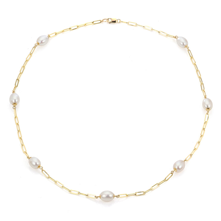 14k Yellow Gold 7mm Freshwater Cultured Pearl Station Necklace