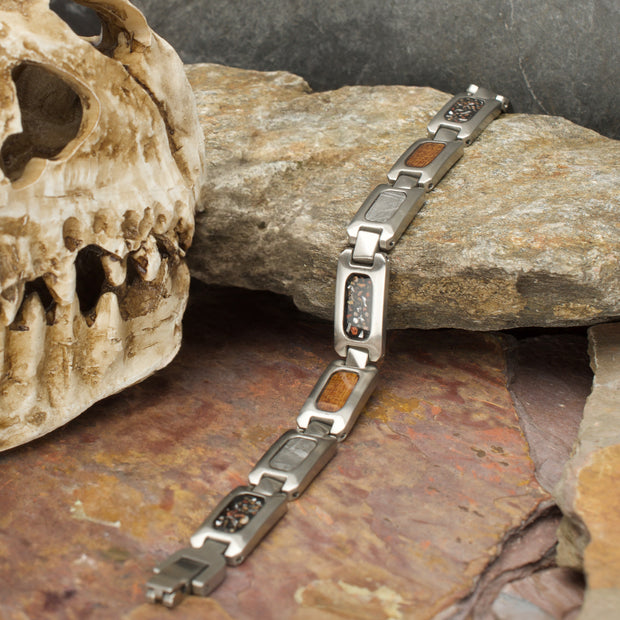 Stainless Steel Matte Finish Link Bracelet with Meteorite, Whiskey Barrel Wood & Black Dinosaur Bone Inlay
