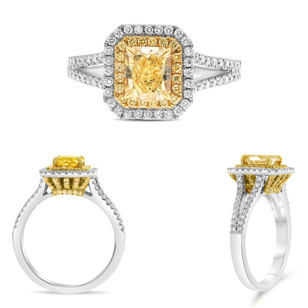 ROMAN AND JULES  18k Two-Tone Double-Halo 0.96ctw Radiant Diamond Engagement Ring