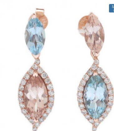 14k Rose Gold Aquamarine 2.81ctw & Moganite 2.72ctw Drop Earrings