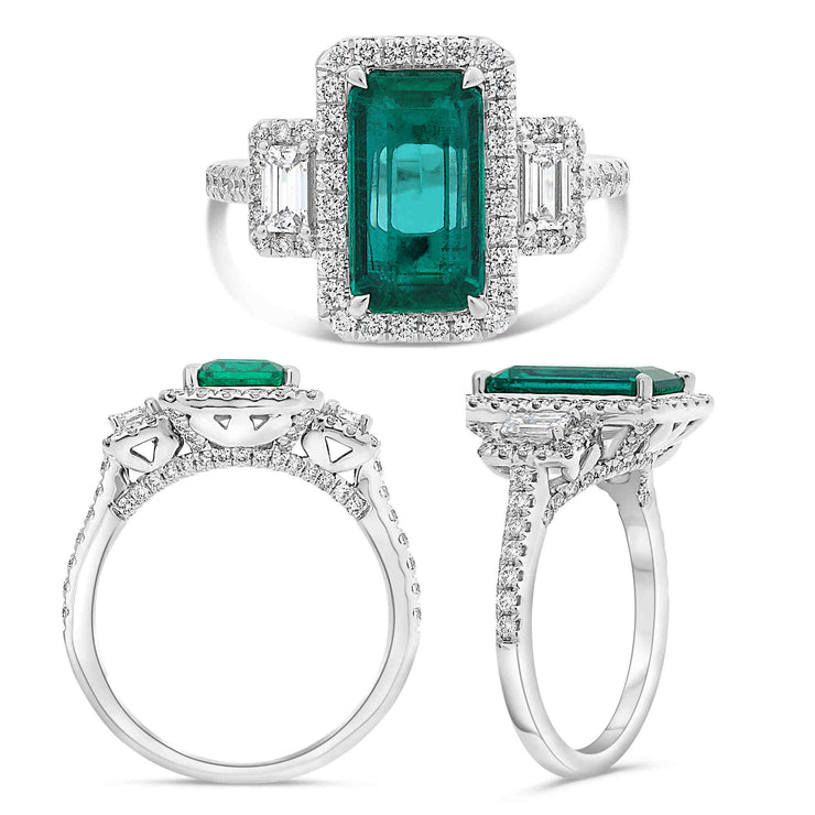 Platinum White Gold 2.21ctw Emerald 3 Stone Halo Ring